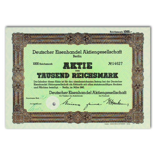 Aktie 1000 Reichsmark Deutscher Eisenhandel AG
