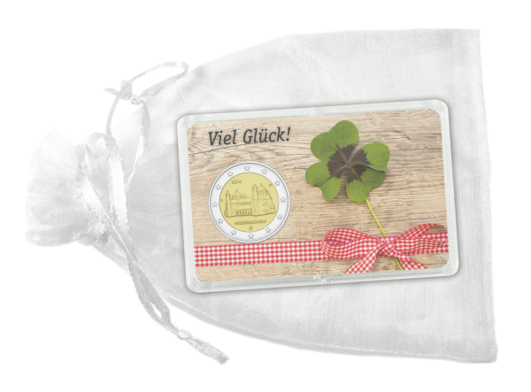 Viel Glueck Geschenkverpackung 2 Euro mit Muenze auf Beutel