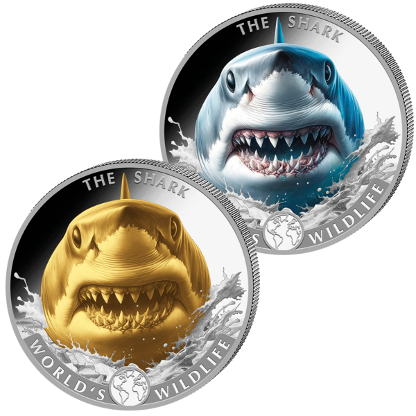 Kongo, 2 x 20 Francs 2026 Hai World's Wildlife Farb- und Goldveredelung