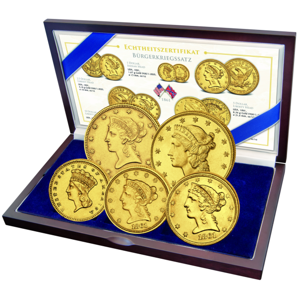 USA, Bürgerkriegs-Goldsatz 1-20 $ 1861 (5 Mz.), von großer Seltenheit - Satzbild