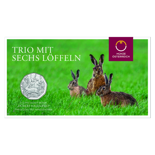 Österreich. 5 Euro Hasentrio, 2026, Silber, st, in Münzkarte