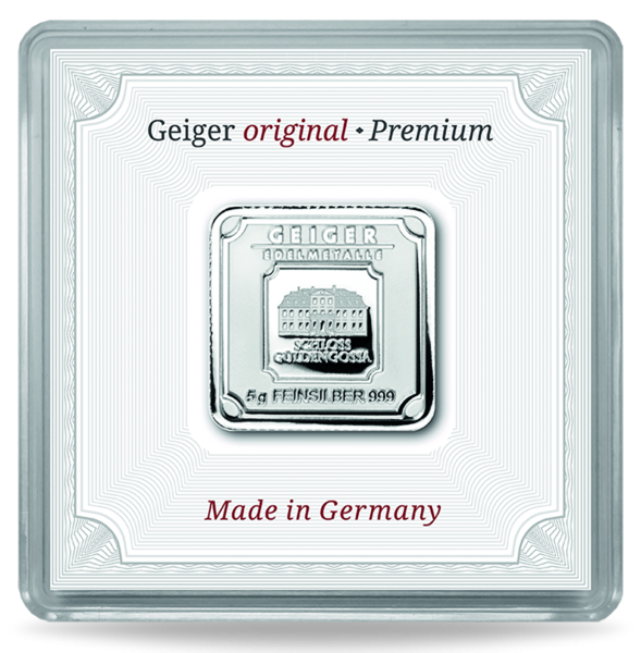 Silberbarren 5 Gramm Geiger Quadratisch - Barren Vorderseite
