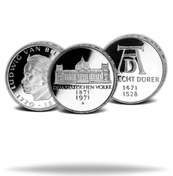 3 x 5 DM  Silber-Gedenkmünzen Beethoven, Reichstag und Dürer - Satz