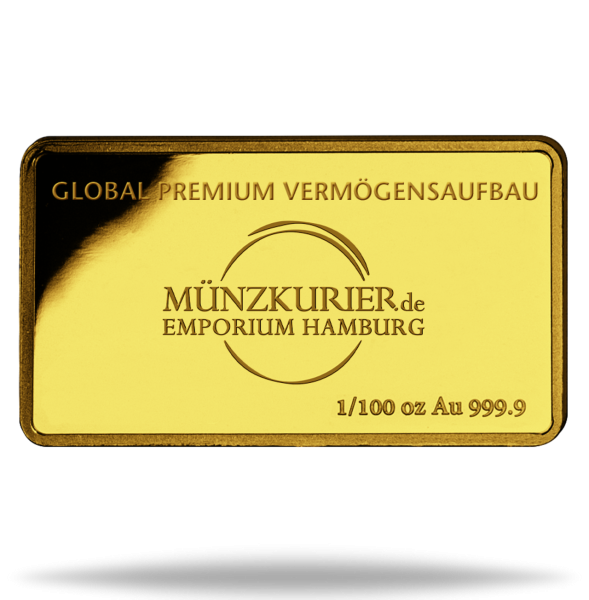 1 x 1/100 Unze Goldbarren unserer Wahl Vorderseite