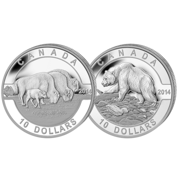 Kanada, 2 x 10 $ Bison + Grizzlybär, Polierte Platte - Silber - Satzbild