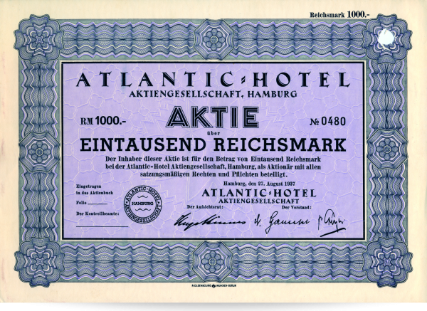 1.000 Reichsmark Atlantic-Hotel AG Hamburg - Aktie