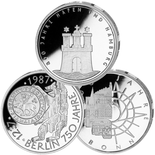 BRD, 3 x 10 DM Städteprägungen (Berlin, Bonn, Hamburg), PP - Silber