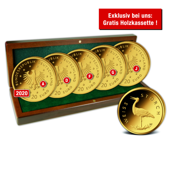 5 x 20 Euro-Komplettsatz Weißstorch-Heimische Vögel Gold - Satzbild