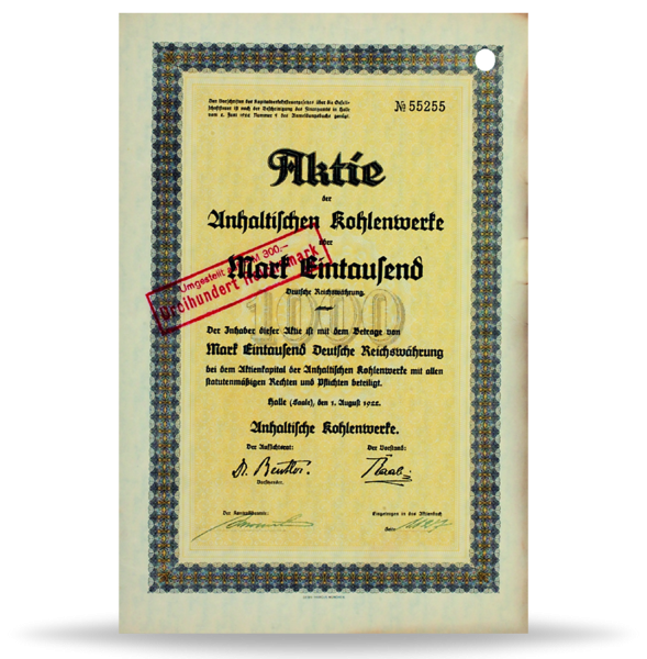 1.000 Mark „Anhaltinische Kohlewerke“ - Aktie Vorderseite