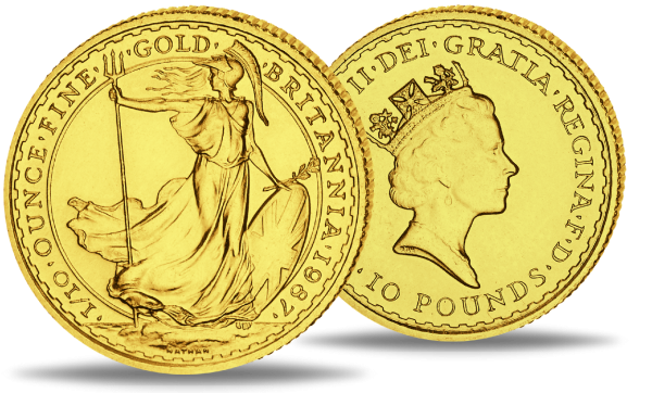 10 Pfund Britannia 1/10 Unze Gold Jahrgang unserer Wahl - Münze Vorderseite / 10 Pfund Britannia 1/10 Unze Gold Jahrgang unserer Wahl - Münze Rückseite