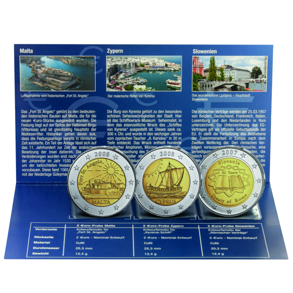 3x 2-Euro-Probeprägungen von Malta, Zypern und Slowenien - Münzkarte Vorderseite