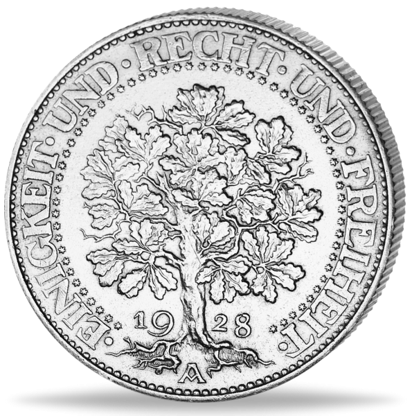 Weimarer Republik, 5 Reichsmark Eichbaum 1928, Prägebuchstabe A (J.331) - Vorder