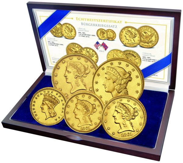 USA, Bürgerkriegs-Goldsatz 1-20 $ 1861 (5 Mz.), von großer Seltenheit - Satzbild