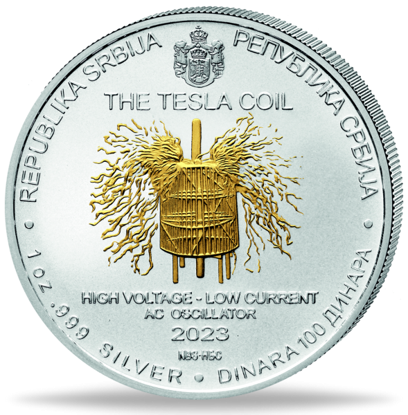 100 Dinar Tesla - Teslaspule mit Goldveredelung - Münze Vorderseite