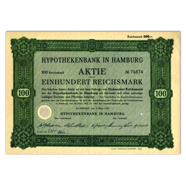Aktie 100 Reichsmark Hypothekenbank in Hamburg