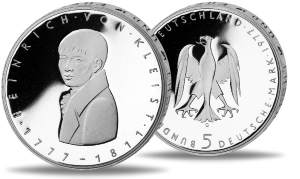 5 DM Gedenkmünze 'Kleist' 1977, Unzirkuliert – Silber, Jägernr. 421, Aus BR Deutschland