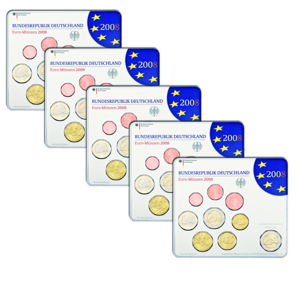5x5,88 Euro Kursmünzensatz BRD, stempelglanz, 2008 - Komplettsatz
