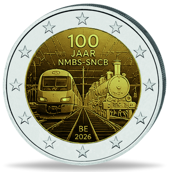 2 Euro Staatsbahnen, 2026, in flämisch-sprachiger Coincard - Münze Vorderseite