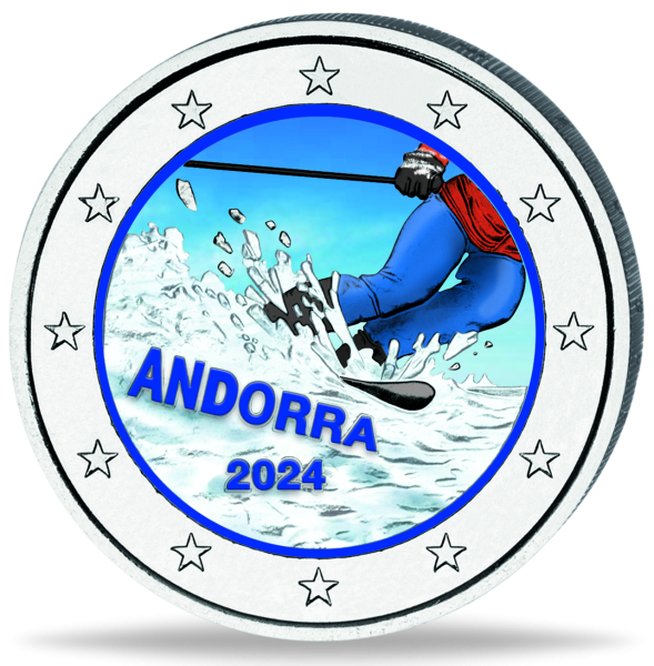 2 Euro 100 Jahre Skisport in Andorra, 2024, bfr., Farbappl. - Münze Vorderseite