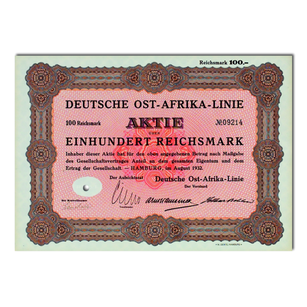 Aktie 100 Reichsmark Deutsche Ost-Afrika-Linie Hamburg