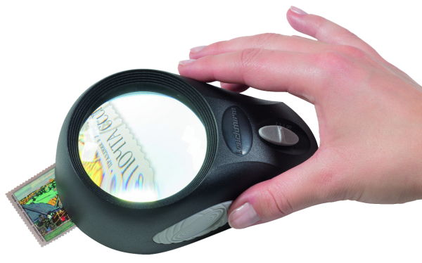 Standlupe „Bullauge 5 x“ mit Briefmarke