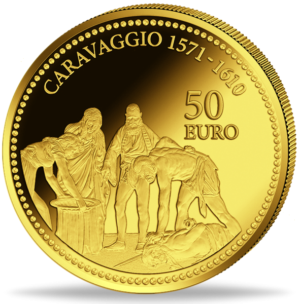 50 Euro Caravggio-Gemälde - die Enthauptung des Heiligen Johannes - Münze Vorder