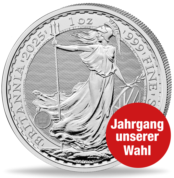 2 Pfund Britannnia 1 Unze Silber, Jahrgang unserer Wahl - Münze Vorderseite
