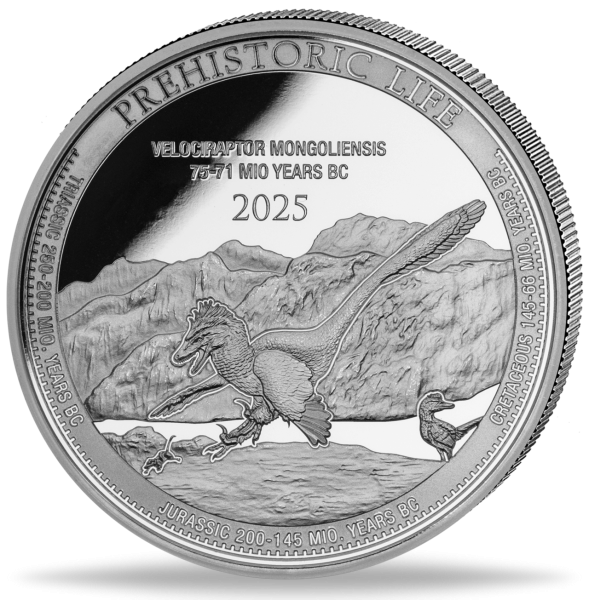 20 Francs 2025, Velociraptor Prehistoric Life II, 1 Unze Ag - Münze Vorderseite