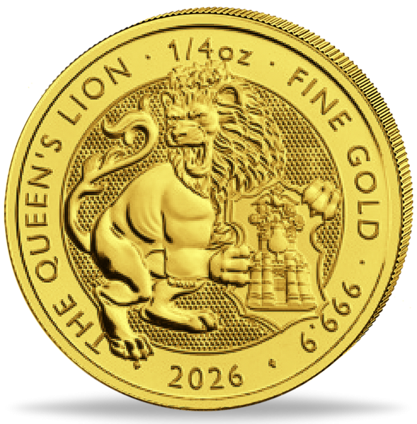 25 Pfund 'Tudor Beast' Queen's Lion 1/4 Unze Gold - Münze Vorderseite