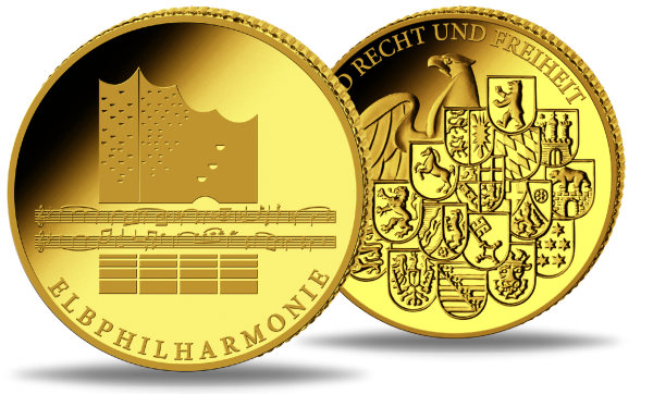Gedenkprägung Elphi Elbphilharmonie Minigold - Vorderseite / Gedenkprägung Elphi Elbphilharmonie Minigold - Rückseite