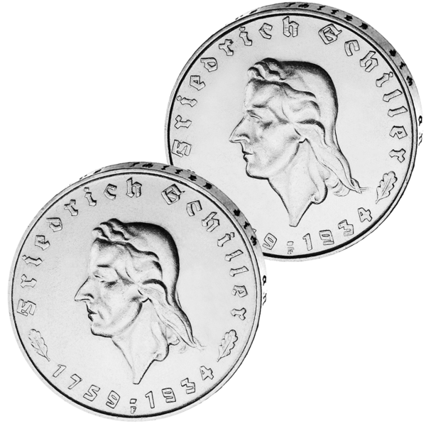 Drittes Reich, 2 RM und 5 RM Schiller, 1934, Silber, st