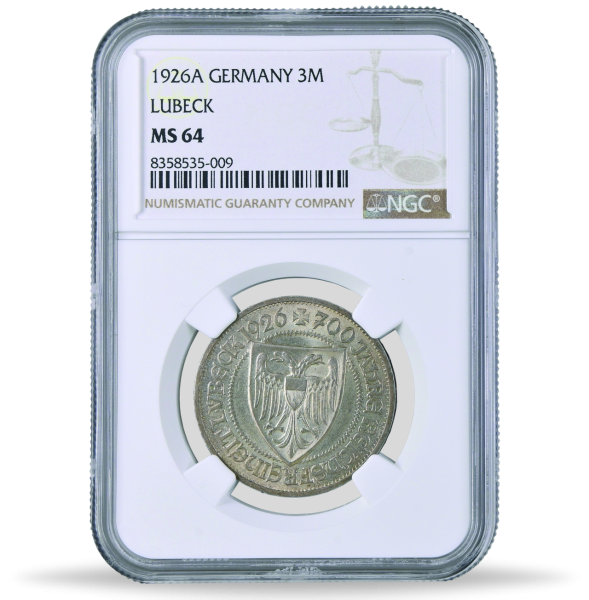 3 RM 1926 (J.323), 700 Jahre Reichsfreiheit Lübeck, NGC MS64 - Münze Slab VS