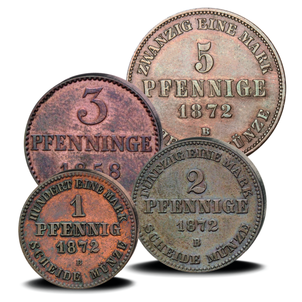 Pfennig-Satz 1, 2, 3 & 5 Pfennig, Großherzog Friedrich Franz II.