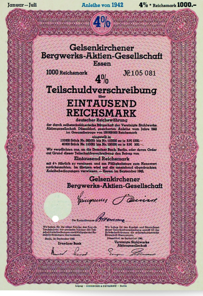 Aktie 1.000 Reichsmark Gelsenkirchener Bergwerks-AG Essen