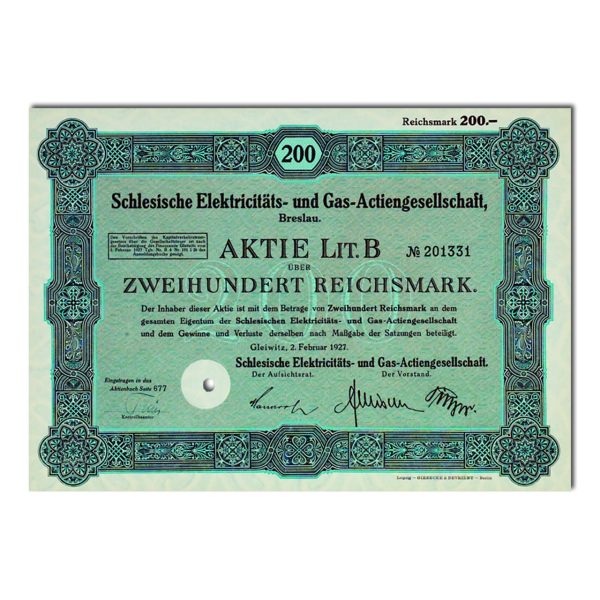 200 Reichsmark Schlesische Elektricitäts- und Gas-AG Breslau - Aktie