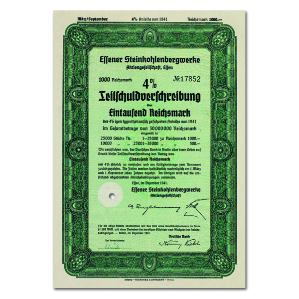 Aktie 1000 Reichsmark Essener Steinkohlenbergwerke AG 1941
