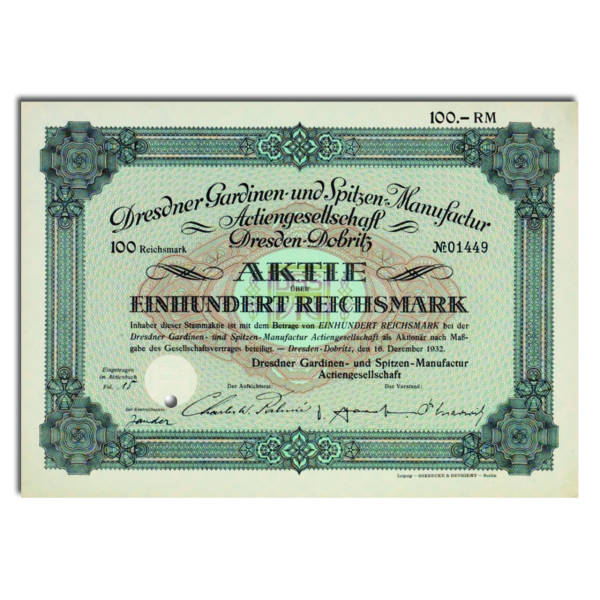 100 Reichsmark Dresdner Gardienen- & Spitzen-Manufaktur 1932 - Aktie