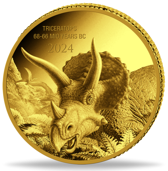 100 Francs Triceratops 0,5 g Gold Prehistoric Life II 2024 - Münze Vorderseite