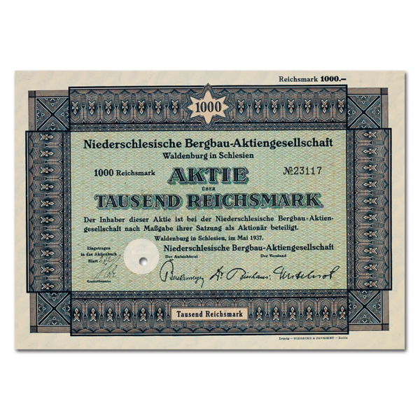 1000 Reichmark Niederschlesische Bergbau-AG Waldenburg 1937 - Aktie