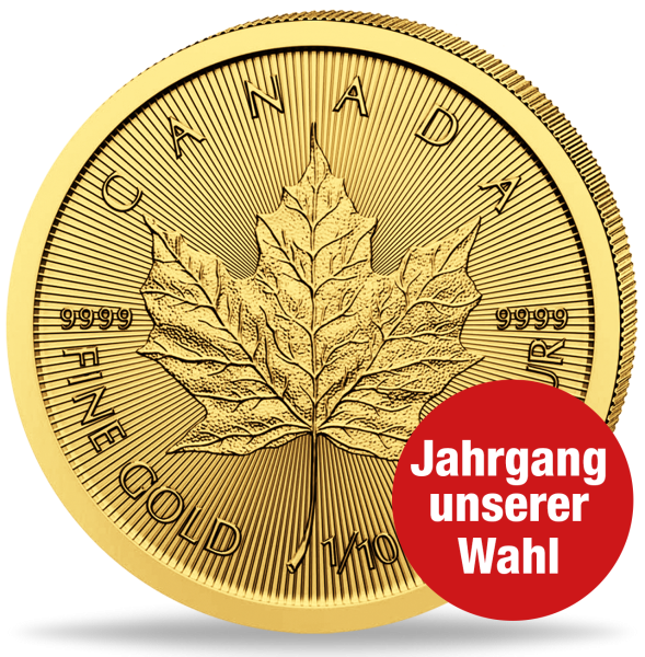 5 Dollar Maple Leaf 1/10 Unze Gold, Jahrang unserer Wahl - Münze Vorderseite