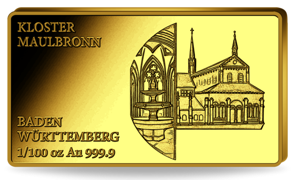 Anlage-Barren 1/100 Unze Gold Baden-Württemberg - Kloster Maulbronn - Vorderseit