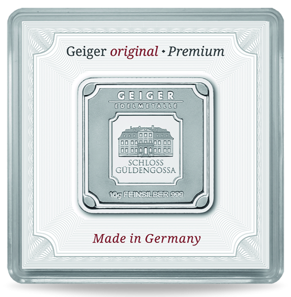 Silberbarren 10 Gramm Geiger Quadratisch - Barren Vorderseite