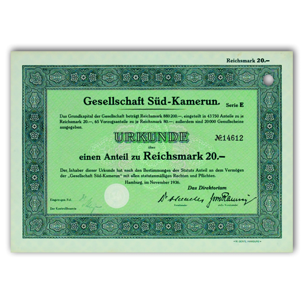 Aktie 20 Reichsmark Gesellschaft Süd-Kamerun Hamburg