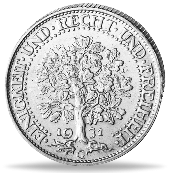 Weimarer Republik, 5 Reichsmark Eichbaum 1931, Prägebuchstabe A (J.331) - Silber
