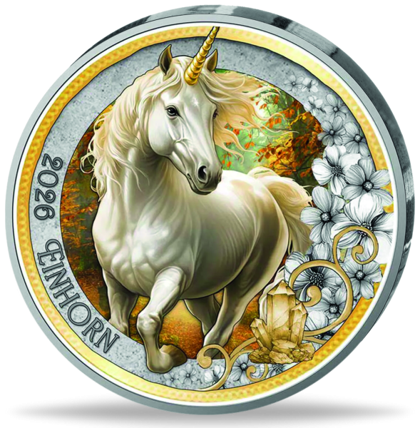 Österreich, 3 Euro Das Einhorn, 2026, bfr., Farbapplikation - Münze Vorderseite