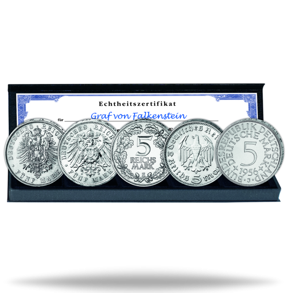Kollektion 5 Mark-Silbermünzen der Epochen, 5 Münzen - Satzbild in Kassette