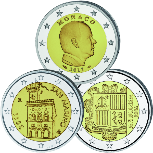 Satz mit drei 2-Euro-Kursmünzen aus San Marion Andorra und Andorra, bfr.