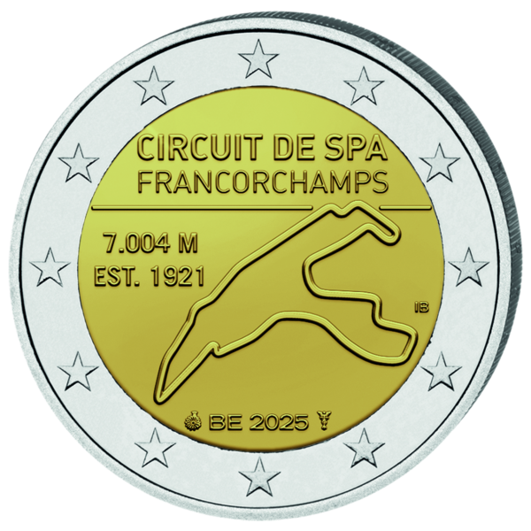 Belgien, 2 Euro Spa-Francorchamps Rennstrecke, 2025, bfr. - Münze Vorderseite