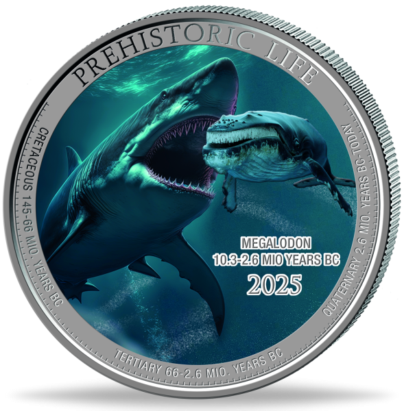 20 Francs 2025 mit Farbapplikation, Megalodon Prehistoric Life II - Vorderseite