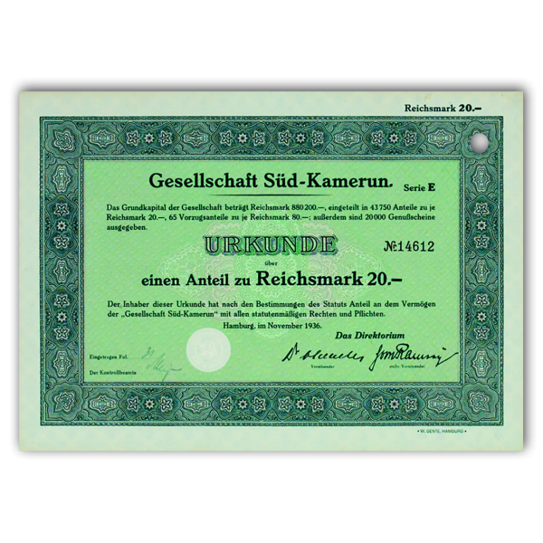 Aktie 20 Reichsmark Gesellschaft Süd-Kamerun Hamburg